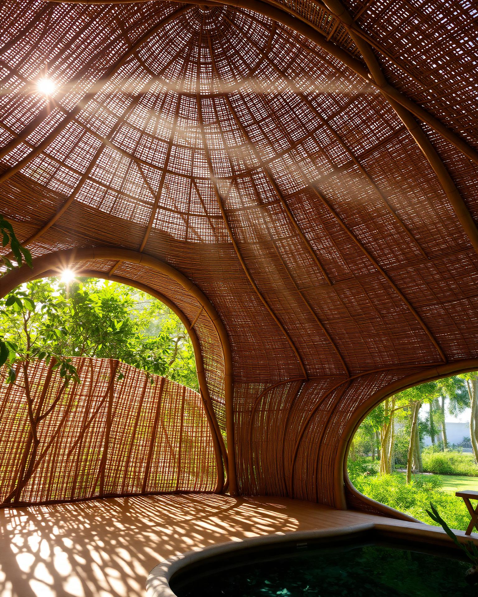 Bamboo architecture interior with curved organic forms