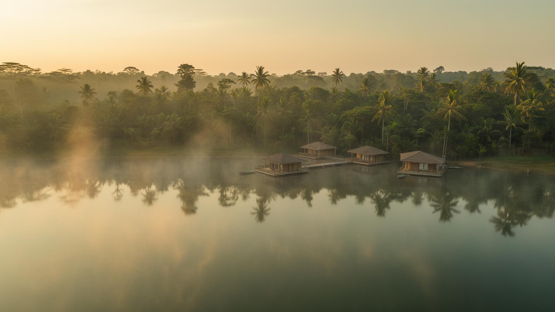 Misty lake at sunrise over the Aranya wetlands