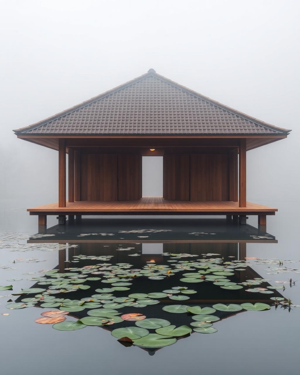 Wooden pavilion floating over a misty pond